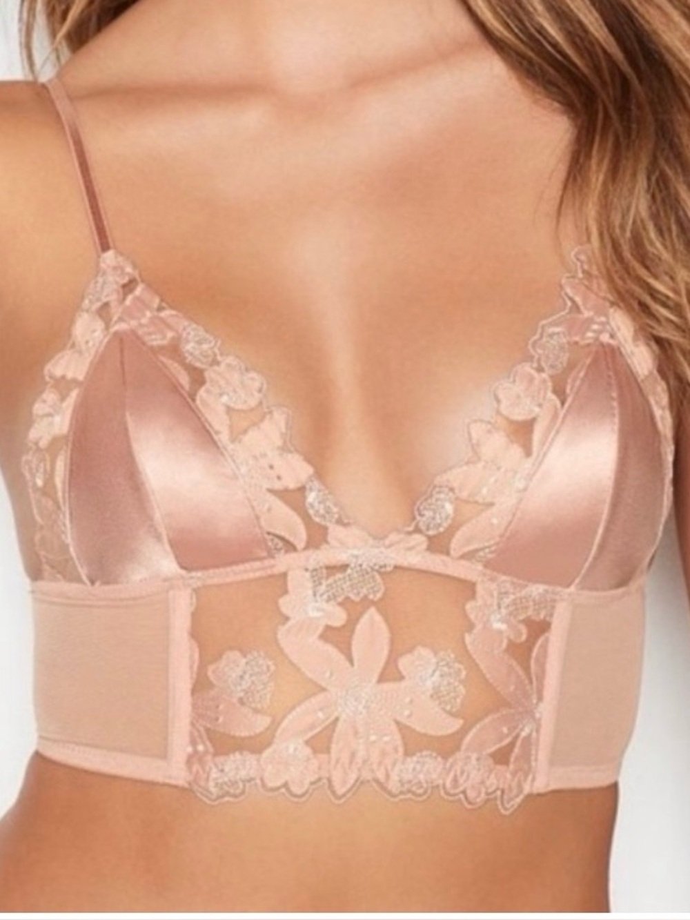 Victoria's Secret Satin & Lace Longline Bralette in Blush Pink